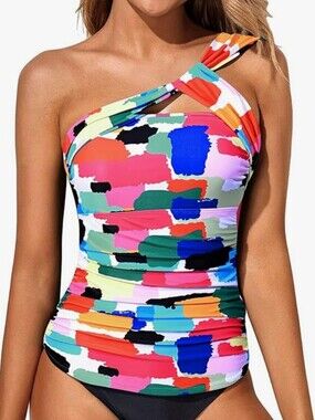 NWT Tempt Me One-Shoulder Multicolor Brushstroke Swim Tankini Top sz S